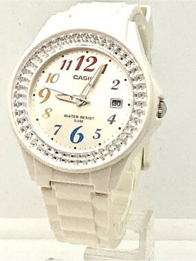 Casio White Watch with Crystal Bezel and Rainbow Numerals